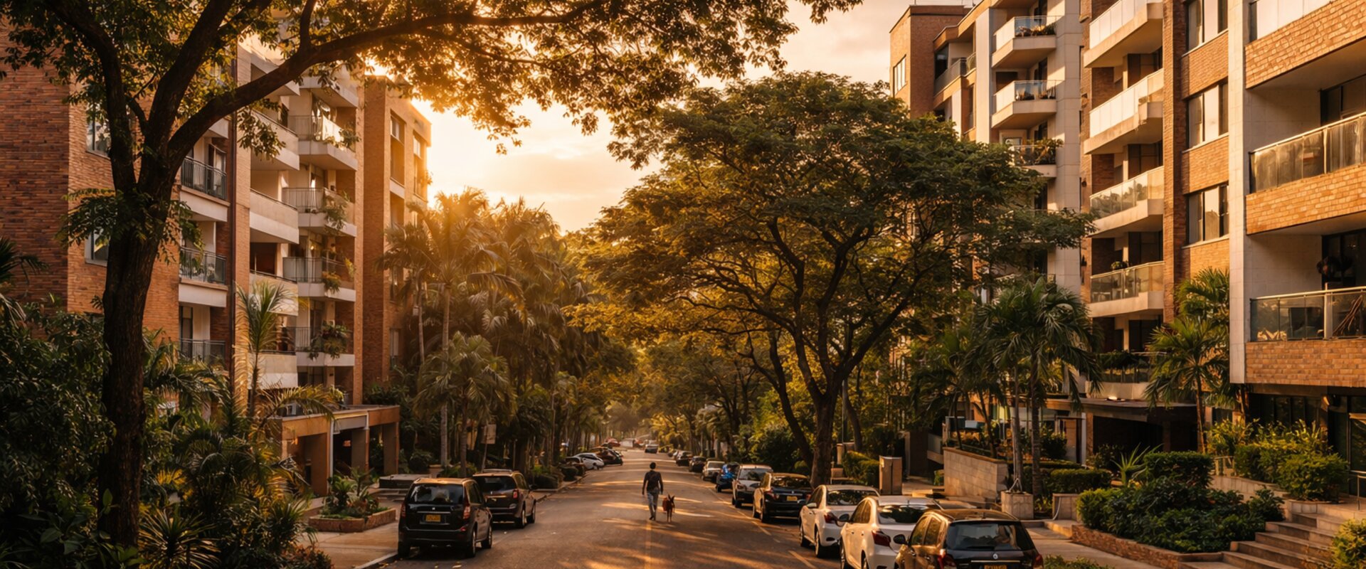 Calle residencial arbolada en Laureles, Medellín